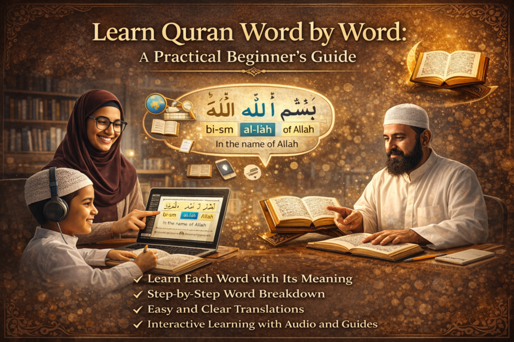 Learn Quran Word by Word: A Simple and Practical Guide for Beginners Learning the Quran word by word is a simple way to understand what Allah is saying. A lot of people can read the Quran. When you actually know what the words mean it is a totally different thing. You feel a lot closer to Allah. You feel more at peace. When you understand each word of the Quran the Quran is not something you read the Quran becomes something that you follow in your daily life the Quran becomes a guide, for you and you try to live your life according to the Quran. This blog is going to show you how to learn the Quran. It will teach you the Quran word by word. The blog will also tell you why learning the Quran this way is an idea. You will learn how to make reading the Quran a part of your life. You can do this without feeling like it is much to handle. The Quran is a book but you can learn it a little at a time. The Quran will become a part of your day. What Is Quran Word by Word Learning? The Quran is a book that people want to understand. When you learn the Quran word by word you are studying each word on its own. You look at what the word means and how to say it correctly. You do not just read a translation of the Quran. Instead you learn what each Quran word means and how it is used in the Quran verses. This way of learning helps you understand the Quran for yourself. It also helps you learn Quranic Arabic well. The Quran is the thing you are trying to understand and learning the Quran word by word is a good way to do this. You get an understanding of the Quran and Quranic Arabic when you learn the Quran in this way. The Quran has a lot of words that are used over and over. When you learn these Quran words it gets a lot easier to understand Quran verses. Why Learn the Quran Word by Word? Clear Understanding of Allah’s Message When you know what every word means the Quran makes sense. The Quran is a book that has a lot of meaning. You can think about the verses, in the Quran. Understand what Allah is trying to tell you. The message of the Quran becomes clear when you understand every word. You can think deeply about what Allah's guiding you towards in the Quran. Builds Strong Arabic Vocabulary When you learn the Quran word by word the Quran really helps you with your vocabulary. You start to notice the Quran has a lot of words and patterns that are used in the Quran all the time. The Quran is a way to learn Arabic vocabulary naturally by reading the Quran. This makes the recitation of the Quran more meaningful. The Quran recitation becomes more meaningful when you understand what the Quran recitation is, about. When you read the Quran and actually understand what the Quran is saying it helps you feel calm and focused. The Quran really makes reading a thing to do and it is very rewarding to read the Quran. Helps in Daily Life When you understand the words you can see how the teachings of the Quran affect your daily life. You can relate the teachings of the Quran to the things you do every day the decisions you make and the way you behave. The Quranic words can help you make choices and live a better life. Understanding the words is very important because it helps you follow the teachings of the Quran in your daily actions, decisions and behavior and, in the way you live your life according to the Quran. Benefits of Learning the Quran Word by Word Stronger Connection with Allah When you really think about what you're saying it helps you feel closer to Allah and be more honest in your prayers. Understanding what you recite makes your spiritual bond with Allah stronger. It also increases the sincerity, in your worship of Allah. Better Focus in Salah When you understand what the words mean that you say in your prayer your Salah is more sincere. Comes from the heart. Knowing the meaning of what you recite in prayer makes your Salah more attentive and heartfelt. Easier Memorization When you understand the verses it is a lot easier to memorize them. You will remember them for a very long time. Understanding the verses really helps with memorization. The verses will stay with you for a longer period of time. Long-Term Learning When you learn things word by word you do not forget them quickly. This kind of learning helps you remember Bible verses. You can recognize them again and again because of word-by-word learning. Word-by-word learning is really good, for remembering verses. How to Learn the Quran Word by Word (Step by Step) 1. Start Small and Simple Do not rush. Begin with short and easy surahs. Best surahs to start with: Surah Al-Fatiha Short surahs from the last part of the Quran The Surahs are really useful when we pray every day. Learning the Surahs is very helpful, for our Salah. We use the Surahs in our prayers so it is a good idea to learn the Surahs. 2. Break Each Verse into Words Take one verse and divide it into individual words. Learn the meaning and pronunciation of each word. Example: إن الله مع الصابرين إن — Indeed الله — Allah مع — is with الصابرين — the patient ones This step is really useful because it helps you learn words and how to put them together in a sentence. You get to understand vocabulary. You also get to see how the words are used in a sentence. This step is, about learning vocabulary and sentence structure. 3. Learn Basic Tajweed Rules Learning Basic Tajweed is really helpful because it teaches you how to say words the right way. When you say words correctly you can recite the Quran more smoothly and you will feel more confident when you are reciting the Quran. Basic Tajweed is very important, for words. 4. Write and Revise When you learn words it is a good idea to write each word and what it means in a notebook. This helps you remember the words better. Writing down the words makes it easier for you to go back and study them again. The words will stick in your memory. You will find it easier to revise the words. 5. Revise Regularly Revisiting the words you learned before is really important. You should try to do it every day. Even if you only have a time, like 5 to 10 minutes it can make a big difference. Revisiting learned words every day is a good habit to have. It helps you remember the words you learned before, like the learned words. 6. Learn with Guidance Guidance is really helpful because it stops you from making mistakes. You get to understand things when you have guidance. It also helps you stay motivated and do things regularly. Guidance keeps you going. Helps you do things consistently. 7. Make Dua for Ease I think it is an idea to always ask Allah to make learning easy and beneficial for us. When we learn the Quran with an intention the Quran brings us barakah. We should remember that learning the Quran is very important and it is good to ask Allah to help us learn it in a way that's easy and beneficial, for us. Always ask Allah to make the Quran easy to learn and to bring us barakah. The Quran is an important book for Muslims. Learning the Quran word by word is a way to understand it better. When you learn the Quran in this way you can improve your Salah. Salah is a part of a Muslims daily life. The Quran helps us to know what Allah wants from us. By learning the Quran word by word we can understand what we are saying during Salah. This makes our Salah better because we know what the words mean. The Quran word by word learning is helpful for people who are just starting to learn Arabic. It is also good for people who want to make their Salah more meaningful. When we know what we are saying we can focus more on Allah. What He wants from us. Here are some ways the Quran word by word learning improves Salah: * We can understand what we are saying during Salah. * We can focus more on Allah. What He wants from us. * Our Salah becomes more meaningful because we know what the words mean. * We can learn the Quran better. This helps us to be better Muslims. The Quran word by word learning is a way to improve our Salah and our relationship with Allah. When we take the time to learn the Quran in this way we can become Muslims and have a stronger faith. The Quran is a gift from Allah. Learning it word by word is a great way to show our love and respect, for Him. When you know what you are saying in Salah the Salah feels different. You start to think about what the words mean. You do not just say the words you think about the meaning of the words. This helps you to focus more during the Salah. You feel humble. You feel peaceful when you pray. The Salah is a time, for the prayer and understanding what you say in the Salah makes the prayer feel really special. Easy Tips to Stay Consistent Set small goals (5 words or one verse daily) Choose a fixed time for learning Study in a quiet place Revise before learning new words When we pray Salah it is an idea to use the verses that we have learned. Using learned verses in Salah is very helpful. We should try to remember the verses we have learned and say them when we are praying. This way our Salah will be better. We will get more benefit from it. We will also be able to focus on what we're saying. Using learned verses in Salah is a way to make our prayer more meaningful. When we use learned verses, in Salah we can understand what we are saying. It feels more real. Consistency is more important than speed. Anyone can learn the Quran word by word. The Quran is for everyone. People of all ages can learn the Quran word by word. * Children can learn the Quran word by word. * Adults can also learn the Quran word by word. The Quran is not just, for scholars or experts. Anyone who wants to learn the Quran can do so. They can learn the Quran word by word. This method is suitable for: Beginners Adults and children People who want to improve their understanding of things need to do an important tasks. The people who want to improve understanding have to read a lot. They have to ask questions, about the things they do not know. Understanding is very important. People who want to improve understanding should try to learn new things every day. For people who want to improve understanding it is also very important to talk to people and listen to what they have to say. People who have a time remembering things they really struggle with memorization and it is a big problem, for them when it comes to memorization. Anyone who wants to connect with the Quran should really take the time to read the Quran. The Quran is a special book that has a lot to offer. When you read the Quran you will learn a lot about the Quran and what the Quran says. The Quran is full of advice and guidance, from the Quran. If you want to understand the Quran you have to read the Quran carefully and think about what the Quran is saying. The Quran is not a book it is the Quran and it has the power to change your life if you let the Quran guide you. To get started you do not need to know Arabic. Arabic knowledge is not necessary, for beginners. You can start learning Arabic from the beginning even if you have never studied the language before. The Arabic language can be learned by anyone. You do not need prior Arabic knowledge to start. Final Thoughts Learning the Quran word by word is a simple yet powerful way to understand Allah’s words. It improves your Arabic, strengthens your faith, and makes worship more meaningful. With patience, consistency, and sincere effort, anyone can begin this beautiful journey of learning the Quran with understanding.