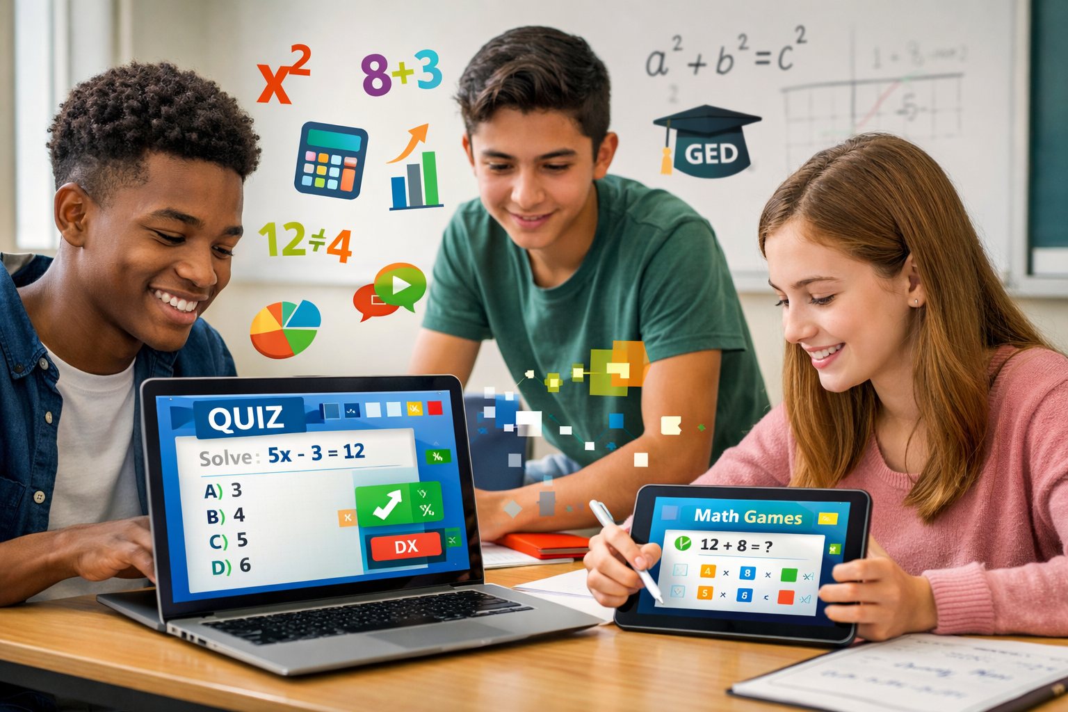 Students solving math quiz with math games and GED preparation