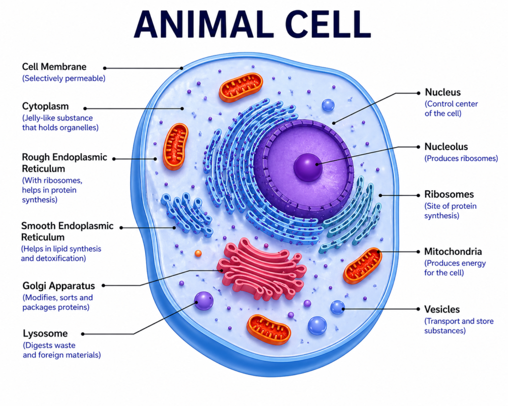 Labeled animal cell diagram showing nucleus, mitochondria, ribosomes, cytoplasm, cell membrane, and other organelles