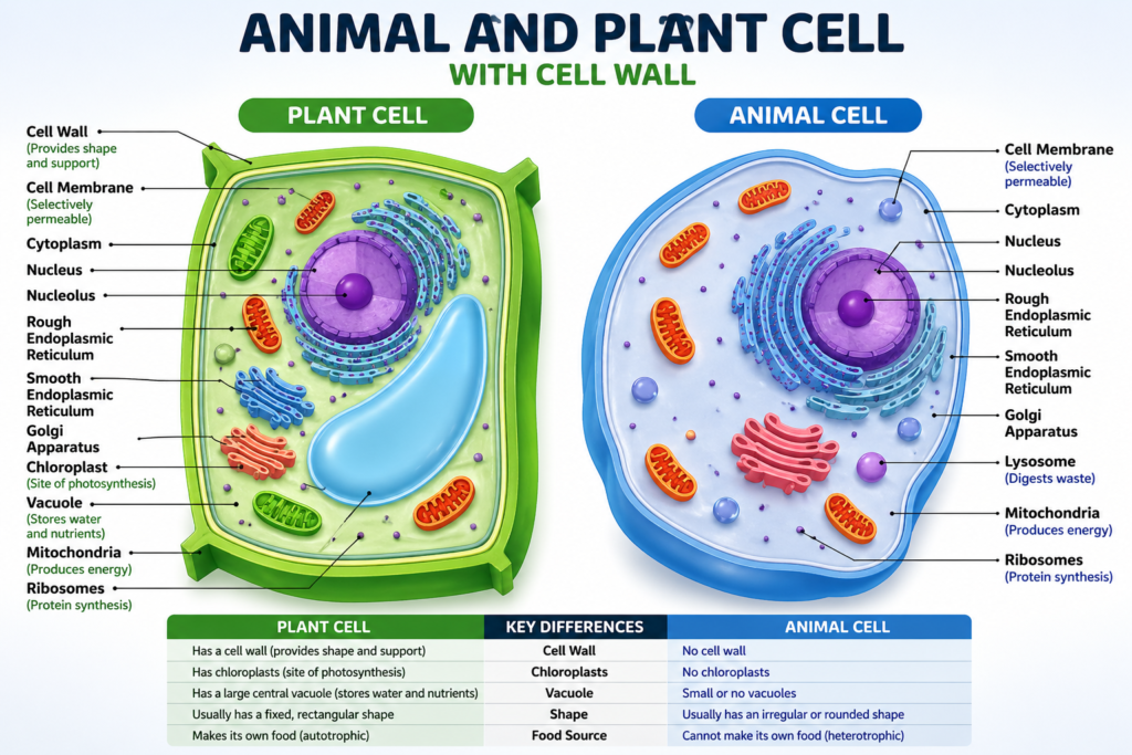 Comparison diagram of animal cell and plant cell showing key differences including cell wall, chloroplast, vacuole, and organelles