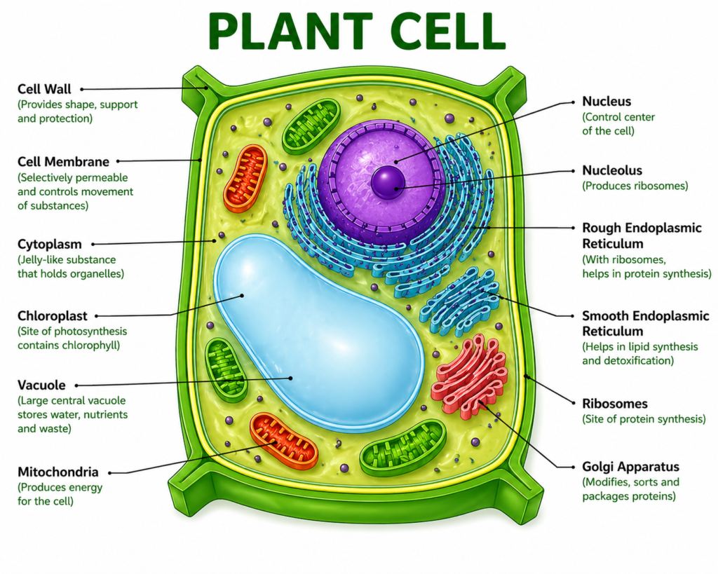 Labeled plant cell diagram showing cell wall, chloroplasts, nucleus, large central vacuole, and other organelles for biology students