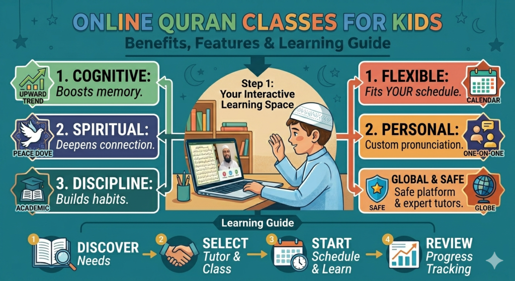 Child attending an online Quran class and learning Quran with a qualified teacher